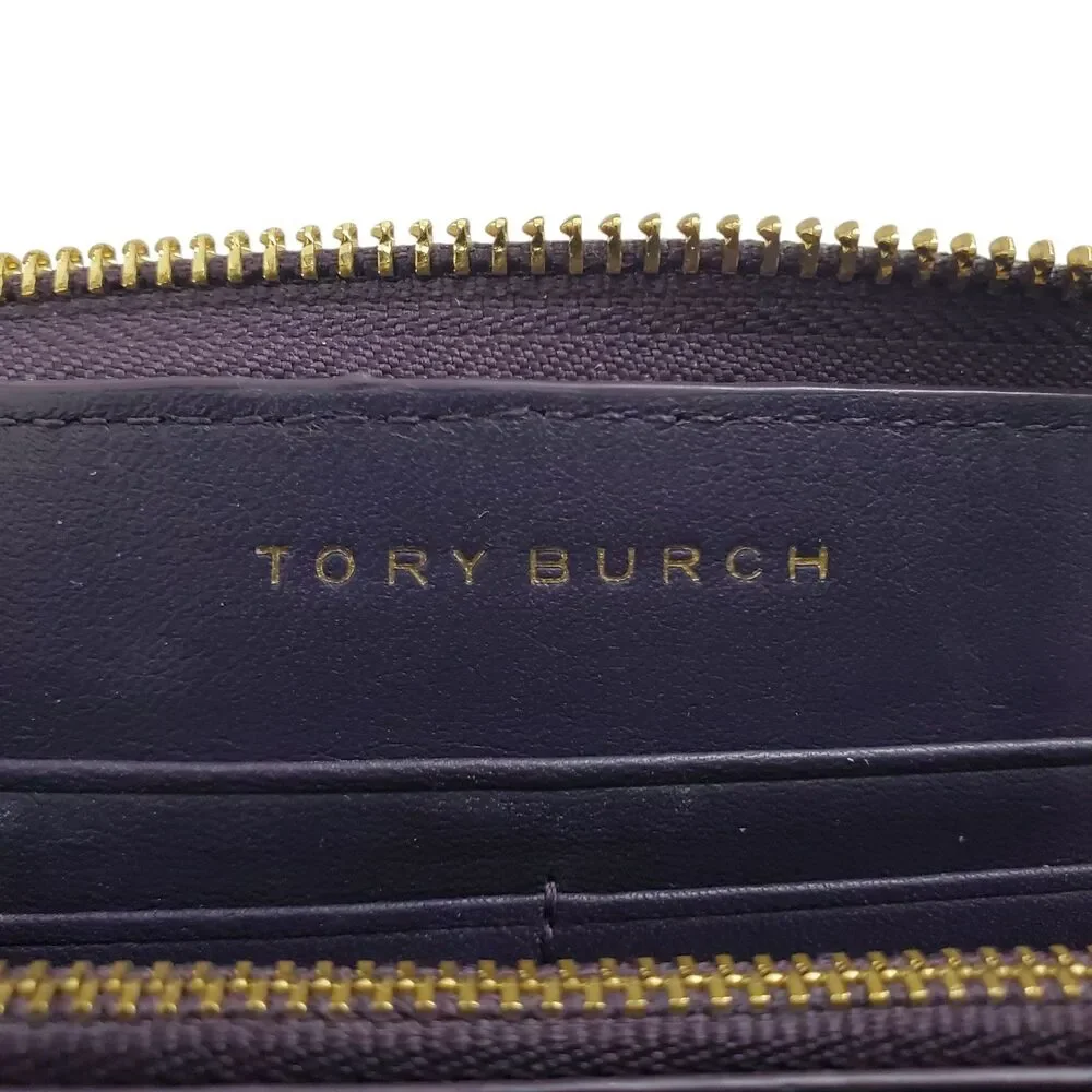TORY BURCH Wallet Blue Pebble Leather Zip Around Envelope Gold Logo Boho